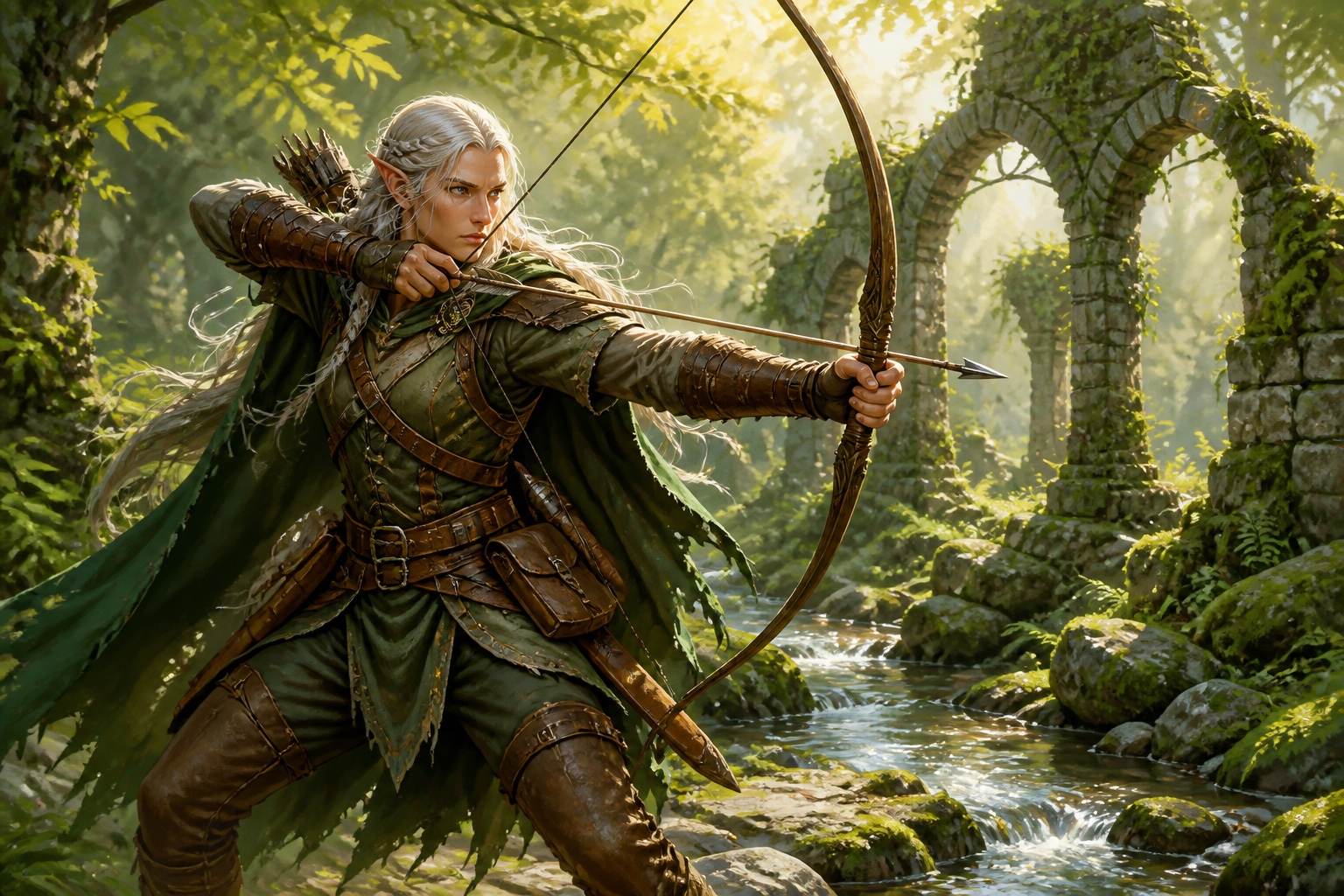 Elven ranger action scene made with the AI image generator for DnD